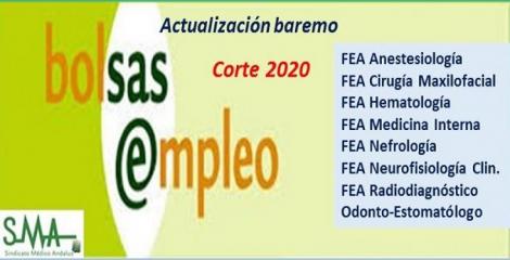 Bolsa. Publicación de listas de aspirantes con actualización del baremo de méritos (corte 2020) de varias especialidades de FEA y de Odontoestomatólogo.
