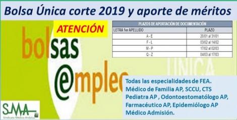 Bolsa. Publicación del listado único de personas aspirantes admitidas en bolsa (corte 2019) de todas las especialidades de FEA, MF AP, SCCU y otras categorías de AP. Fechas de aporte de documentación. 