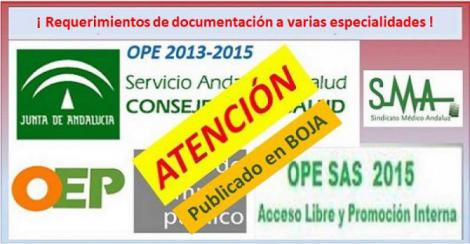 OPE 2013-2015. Publicados requerimientos de documentación a candidatos de varias especialidades