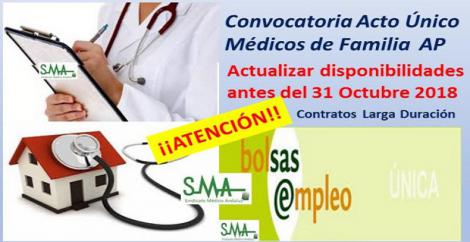 Convocatoria para Médicos de Familia en acto único para cubrir nombramientos de larga duración en AP.