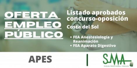 APES Costa del Sol: Litados provisionales de aspirantes que superan el concurso oposición de FEA Anestesiología y Reanimación y FEA Aparato Digestivo