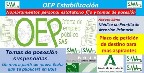 OEP Estabilización. Nombramientos de personal estatutario fijo y plazo de solicitud de destinos a nuevos aspirantes de Médico de Familia de Atención Primaria, acceso libre.