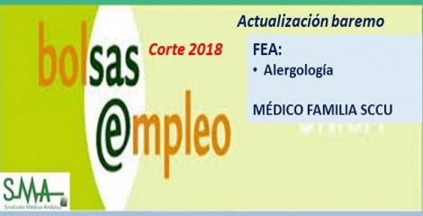 Bolsa. Publicación de listas de aspirantes con actualización del baremo de méritos (corte 2018) de FEA de Alergología y de Médico de Familia SCCU.
