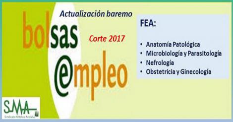 Bolsa. Publicación de listas de aspirantes con actualización del baremo de méritos (corte 2017) de FEA: A. Patológica, Microbiología, Nefrología y Ginecología.