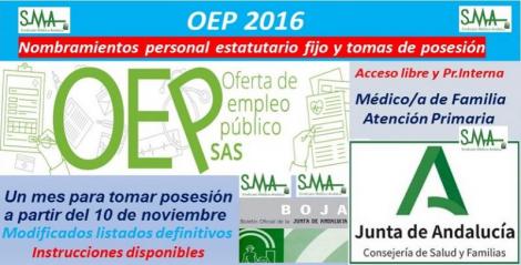 OEP 2016. Nombramientos de personal estatutario fijo y toma de posesión, de Médico/a de Familia de Atención Primaria (acceso libre y promoción interna).