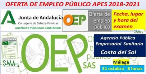 Publicado el lugar, fecha y hora de los exámenes de la OEP 2018-2021 convocados por la APES Costa del Sol, para distintas especialidades de FEA, acceso libre.