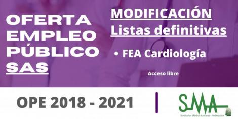 OPE SAS 2018-2021: Modificación de las listas definitivas de personas aspirantes que superan el concurso-oposición de FEA de Cardiología, acceso libre