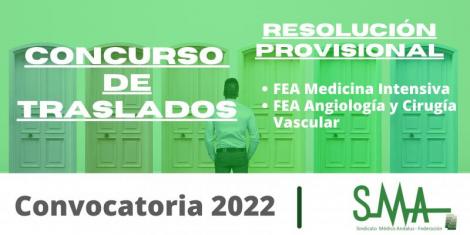 Traslados 2022: Resolución provisional del concurso de traslado para la provisión de plazas básicas vacantes de FEA Medicina Intensiva  y FEA Angiología y Cirugía Vascular