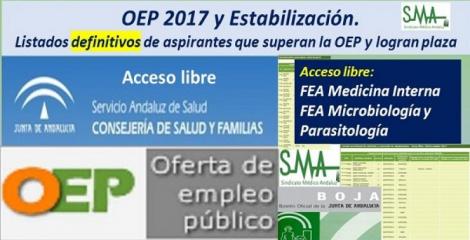 OEP 2017-Estabilización. Listados definitivos de personas aspirantes que superan el concurso-oposición y logran plaza, de  FEA Medicina Interna y FEA Microbiología y Parasitología, acceso libre.