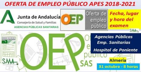 Publicado el lugar, fecha y hora de los exámenes de la OEP 2018-2021 convocados por la APES Hospital de Poniente, para distintas especialidades de FEA, acceso libre y promoción interna.