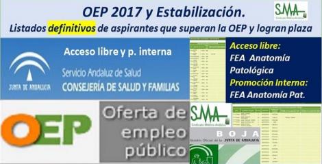 OEP 2017-Estabilización. Listados definitivos de personas aspirantes que superan el concurso-oposición y logran plaza, de FEA Anatomía Patológica, acceso libre y promoción interna.