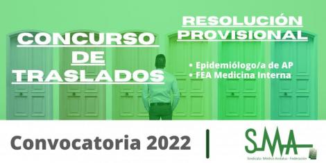 Traslados 2022: Resolución provisional para la provisión de plazas básicas vacantes de Epidemiólogo/a de AP y FEA Medicina Interna