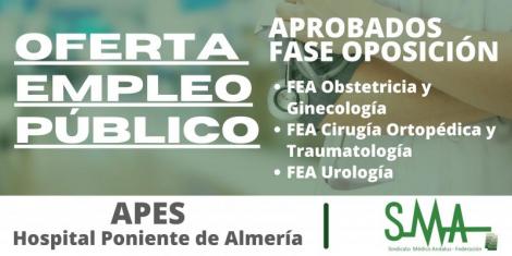 Aspirantes que superan la fase de oposición por el sistema de acceso libre de varias categorías de Facultativos Especialistas de APES Hospital de Poniente de Almería