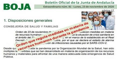 Publicada en el Boja la nueva Orden que sustituye a la del 8 de Noviembre y que regula medidas en materia de recursos humanos durante la pandemia.