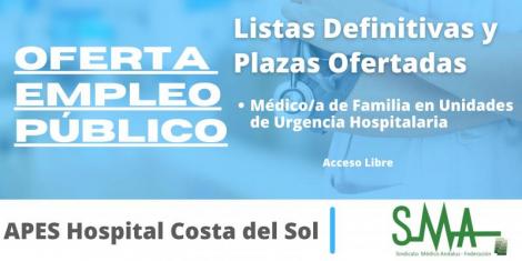 OPE APES Hospital Costa del Sol: Lista definitiva de personas aspirantes que han superado el concurso-oposición y plazas ofertadas de Médico/a de Familia en Unidades de Urgencia Hospitalaria