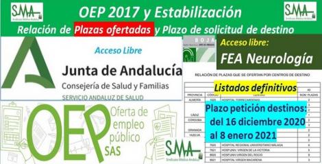 ​Publicada en el BOJA la aprobación de listados definitivos, la relación de las plazas ofertadas y el plazo para solicitar destino de la OEP 2017-Estabilización de FEA Neurología, acceso libre.