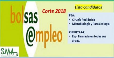 Bolsa. Publicación del listado definitivo de candidatos (corte 2018) de FEA de Microbiología, Cirugía Pediátrica y Cuerpo A4, especialidad Farmacia.