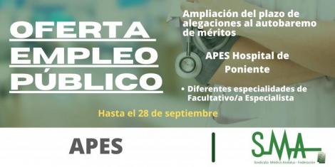 Ampliado el plazo de alegaciones al autobaremo de méritos de diferentes especialidades de FE de la APES Hospital de Poniente