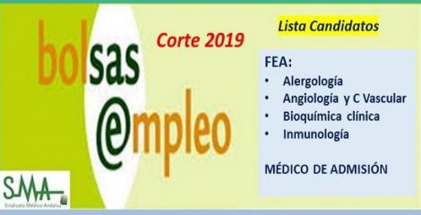 Bolsa. Publicación del listado definitivo de candidatos (corte 2019) de FEA de Alergia, Angiología, Bioquímica Clínica e Inmunología y de Médico de Admisión.