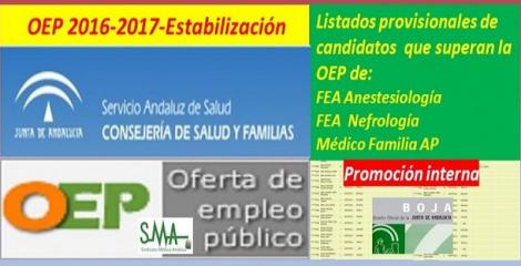 OEP 2016-2017-Estabilización. Disponible el listado provisional de personas que superan el concurso-oposición (promoción interna) correspondientes a FEA de Anestesiología, Nefrología y Médico de Familia de AP.