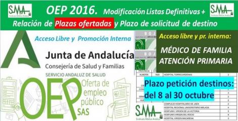 ​Publicada en el BOJA la relación de las plazas ofertadas y el plazo para solicitar destino de la OEP 2016 de Médico de Familia AP, acceso libre y pomoción interna.