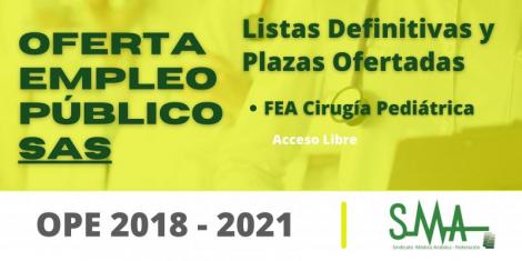 OPE 2018 - 2021: Listas definitivas de personas aspirantes que han superado el concurso-oposición y la relación de plazas que se ofertan de FEA Cirugía Pediátrica