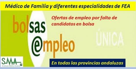 Convocatorias de ofertas temporales para puestos básicos en el SAS (médicos de familia y FEAs) por falta de candidatos disponibles en Bolsa.