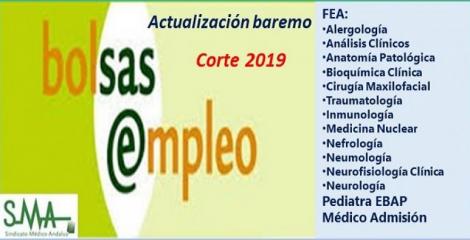 Bolsa. Publicación de listas de aspirantes con actualización del baremo de méritos (corte 2019) de diferentes categorías AP y FEA.