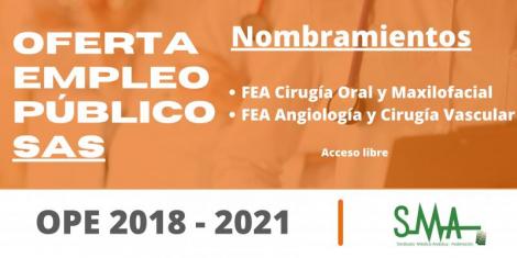 OPE 2018-2021: ​Nombradas personal estatutario fijo a las personas aspirantes que han superado el concurso-oposición en la categoría de FEA de Cirugía Maxilofacial y Angiología y Cirugía Vascular, acceso libre