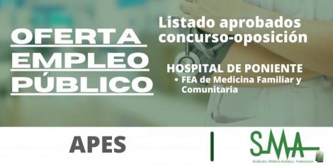 OPE Hospital de Poniente 2018-2021: Las listas provisionales de personas aspirantes que han superado el concurso-oposición de FEA de MF y Comunitaria