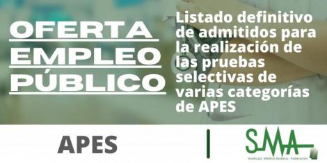 Listado definitivo de admitidos para la realización de las pruebas selectivas de varias categorías de APES