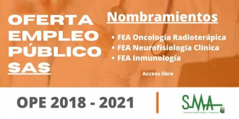 OPE 2018 - 2021: ​Nombradas personal estatutario fijo a las personas aspirantes que han superado el concurso-oposición en la categoría de FEA Oncología Radioterápica, FEA Neurofisiología Clínica y FEA Inmunología