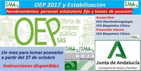 OEP 2017-Estabilización. Nombramientos de personal estatutario fijo y toma de posesión, de FEA Otorrinolaringología (libre) y Bioquímica Clínica, (libre y promoción interna).