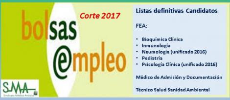 Bolsa. Publicación del listado definitivo de candidatos (corte 2017) de varias especialidades FEA, Médico de Admisión y Técnico Salud Sanidad Ambiental.