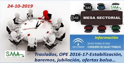 Mesa Sectorial 24-10-2019. Información: OEP, traslados, baremos, jubilación, ofertas bolsa...