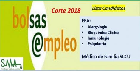 Bolsa. Listas definitivas de candidatos (corte 2018) de Médico de Familia SCCU y FEAs de Alergología, Bioquímica Clínica, Inmunología y Psiquiatría.