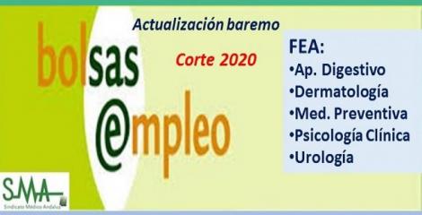 Bolsa. Publicación de listas de aspirantes con actualización del baremo de méritos (corte 2020) de FEA de Digestivo, Dermatología, M. Preventiva, Psicología y Urología.