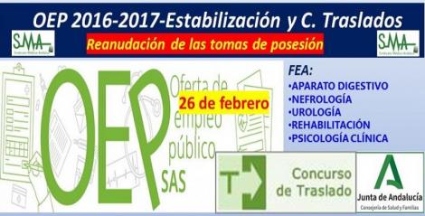 Reanudación de las tomas de posesión aplazadas de FEA de Ap. Digestivo, Nefrología, Urología, Rehabilitación y Psicología Clínica.
