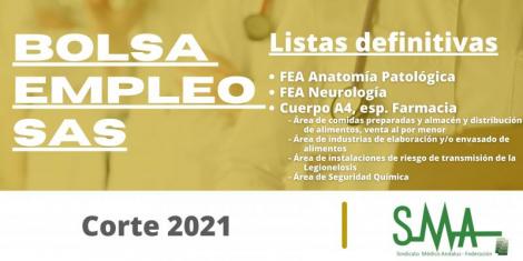 Bolsa SAS 2021: Publicación listas definitivas de personas candidatas de Bolsa de FEA Anatomía Patológica, FEA Neurología y Cuerpo A4, especialidad Farmacia