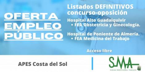 APES Alto Guadalquivir y  Poniente: Lista definitiva de personas aspirantes que han superado el concurso-oposición de FEA Obstetricia y Ginecología y Medicina del Trabajo
