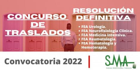 Traslados 2022: Resolución definitiva del concurso de traslado de:  FEA Urología, Neurofisiología Clínica, Medicina Intensiva, Reumatología y Hematología y Hemoterapia