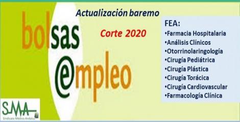 Bolsa. Publicación de listas de aspirantes con actualización del baremo de méritos (corte 2020) de varias especialidades de FEA.