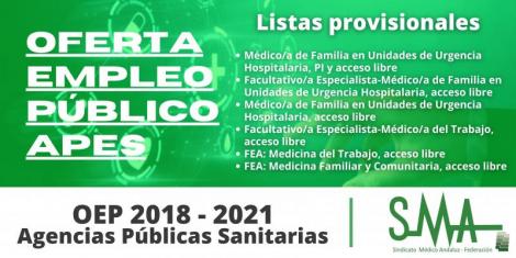 Listados provisionales de OPE 2018 - 2021 de varias categorías para las Agencias Públicas Sanitarias para el examen del próximo 27 de marzo